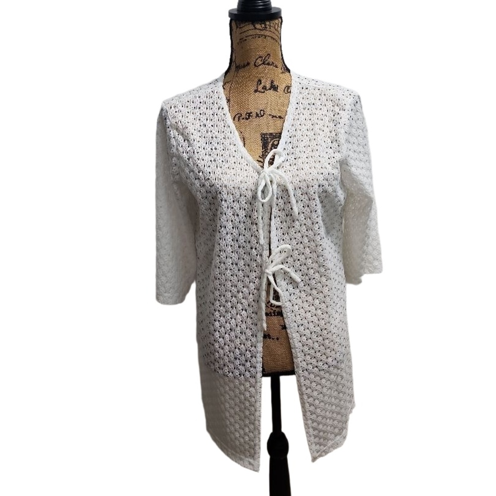 Anne Cole Cardigan Womens Size XL White Crochet TieFront 34 Sleeve Resort Boho‎